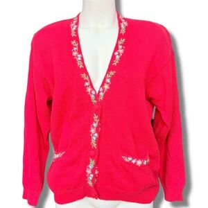 Vintage Talbots Red Floral Cardigan M | Cottagecore Embroidery Ramie‑Cotton Knit
